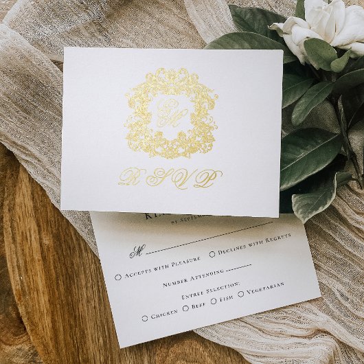 Carte RSVP Mariage Gold Foil Monogram Crest Menu