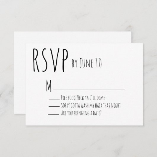 Carte RSVP mariage humoristique blanc (Devant / Derrière)