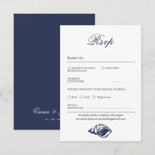 Carte Rsvp Mariage Marine Noire Océanique Nautique (Devant / Derrière)