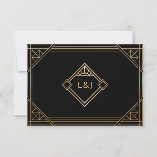 Carte RSVP Mariage Monogramme Art Déco Noir et Or (Dos)