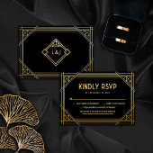 Carte RSVP Mariage Monogramme Art Déco Noir et Or