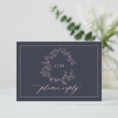 Carte RSVP Mariage Monogramme Rose Bleu Marine (Debout devant)