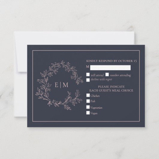 Carte RSVP Mariage Monogramme Rose Bleu Marine (Dos)