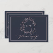 Carte RSVP Mariage Monogramme Rose Bleu Marine (Devant / Derrière)