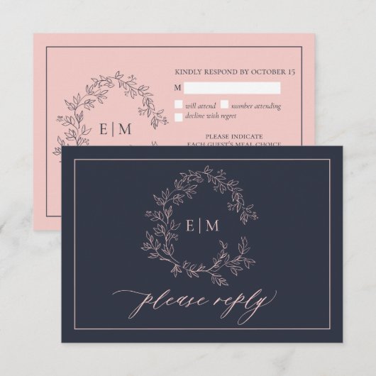 Carte RSVP Mariage Monogramme Rose Bleu Marine (Devant / Derrière)