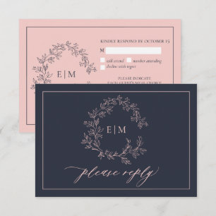 Carte RSVP Mariage Monogramme Rose Bleu Marine