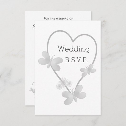 Carte RSVP Mariage Papillons Coeur Argent (Devant / Derrière)