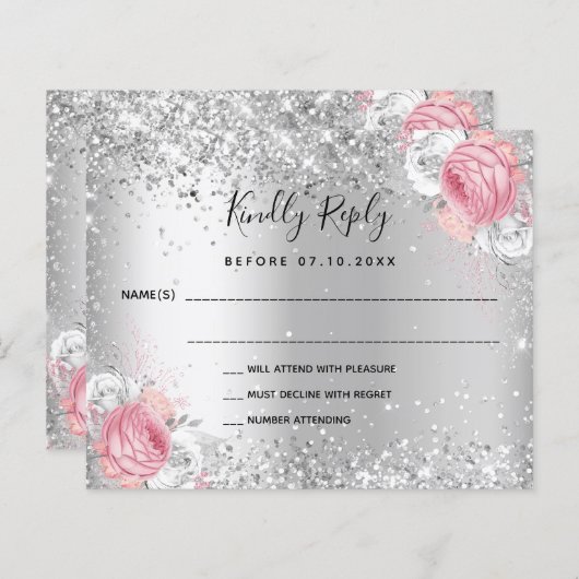 Carte RSVP mariage parties scintillant rose blanc (Devant / Derrière)