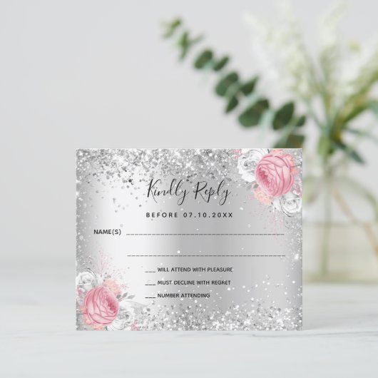 Carte RSVP mariage parties scintillant rose blanc (Debout devant)