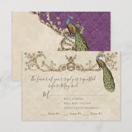 Carte RSVP Mariage Peacock & Etchings vintage (Devant / Derrière)