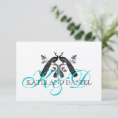 Carte RSVP Mariage Peacock Silver Aqua (Debout devant)