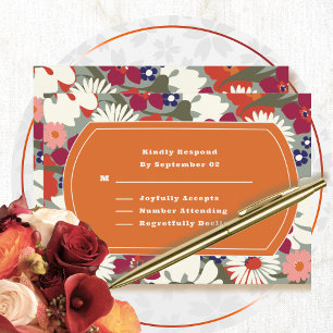 Carte RSVP mariage rétro floral orange vert des années 7