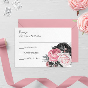 Carte RSVP mariage Rose rose et noir