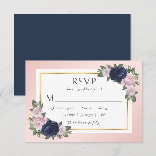 Carte RSVP Marine Blue Blush Gold Floral Wedding (Devant / Derrière)