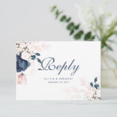 Carte RSVP Marine Blue et Blush Rose Floral Weddin (Debout devant)