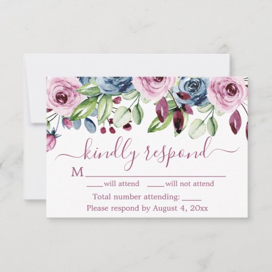 Carte RSVP Marine Blue Wine Floral Wedding (Devant)