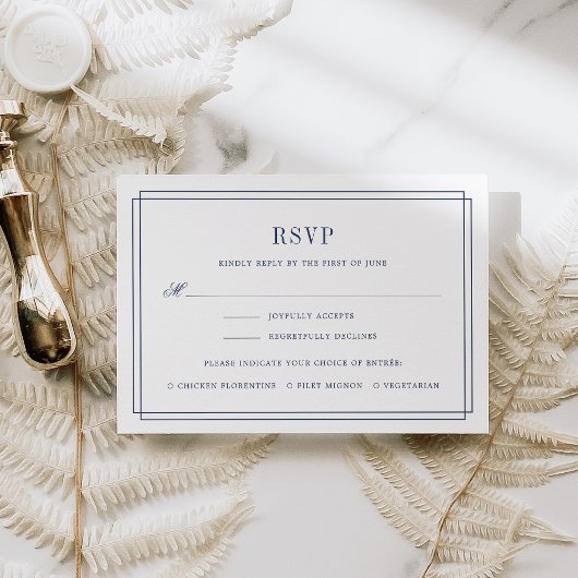 Carte RSVP marine et blanche intemporelle avec cho