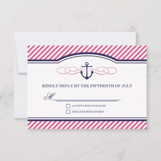 Carte RSVP marine et rose Ancre nautique mariage (Devant)