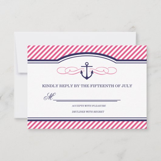 Carte RSVP marine et rose Ancre nautique mariage (Devant)