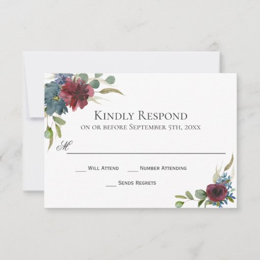 Carte RSVP Marsala Burgundy Rouge et Bleu Mariage (Devant)