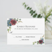 Carte RSVP Marsala Burgundy Rouge et Bleu Mariage (Debout devant)