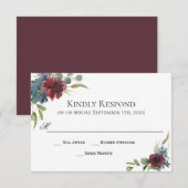 Carte RSVP Marsala Burgundy Rouge et Bleu Mariage (Devant / Derrière)