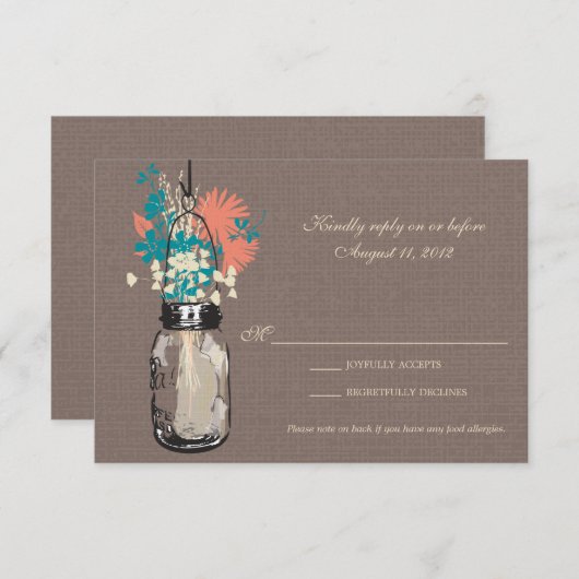 Carte RSVP Mason Jar et Fleurs sauvages (Devant / Derrière)