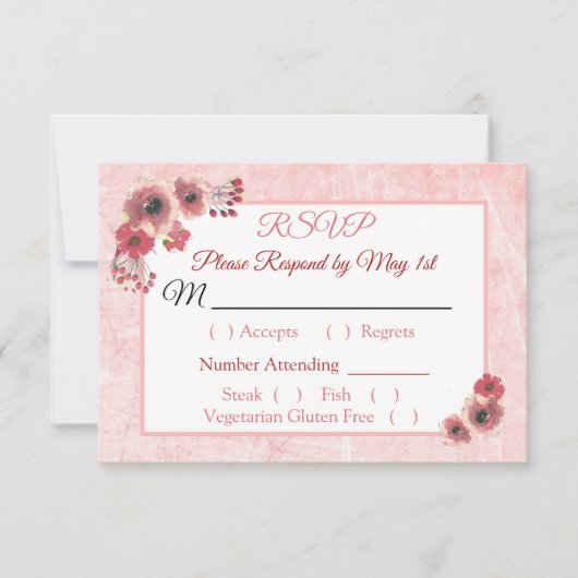 Carte RSVP Mauve Coral Floral Mariage rayé (Devant)