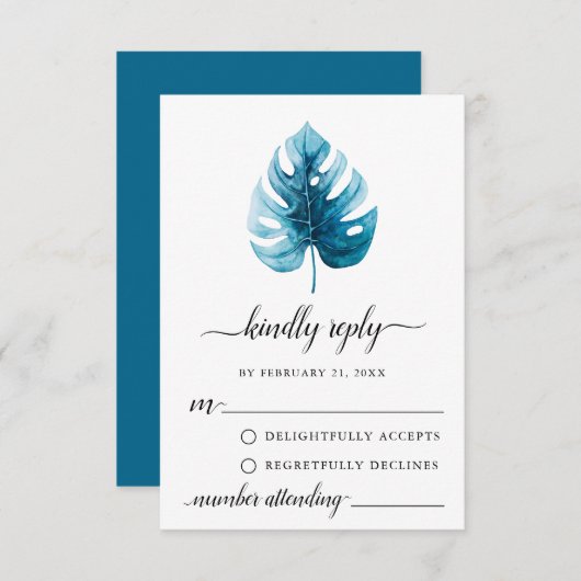 Carte RSVP mini couleur d'aquarelle Monstera feuil (Devant / Derrière)