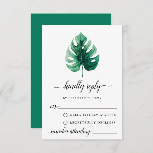 Carte RSVP mini feuille Monstera verte (Devant / Derrière)