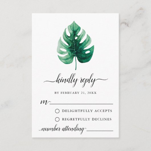 Carte RSVP mini feuille Monstera verte (Devant)