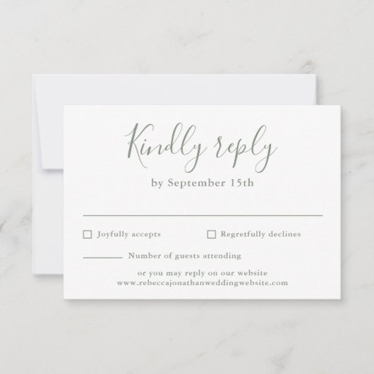 Carte RSVP minimal de mariage vert olive Script (Devant)