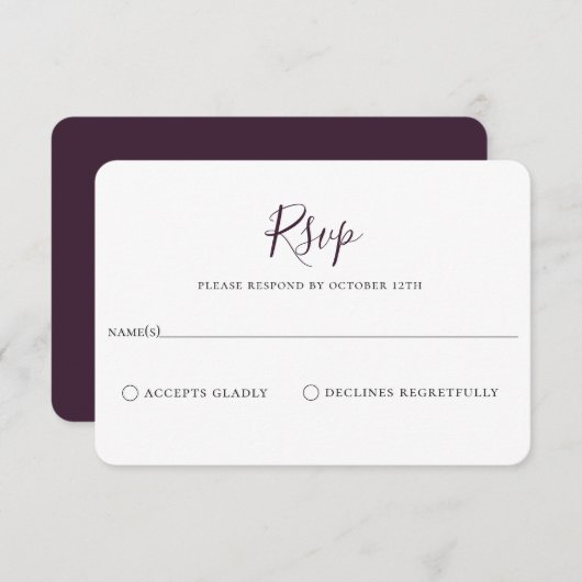 Carte RSVP minimaliste Mariage Plum violet (Devant / Derrière)