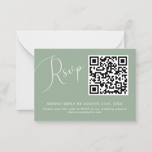 Carte RSVP minimaliste Sage Green QR Code Mariage (Devant)
