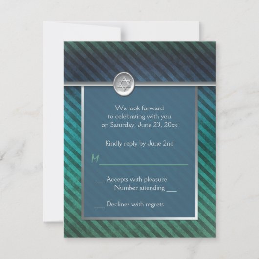 Carte RSVP Mitzvah Barre Bleue, Verte, Argent (Devant)