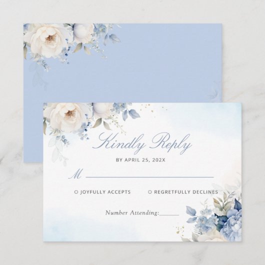 Carte RSVP moderne Elégante Dusty Blue Floral Wedd (Devant / Derrière)