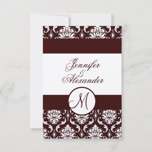 Carte RSVP Monogramme Brown Damask sur papier à fe (Devant)