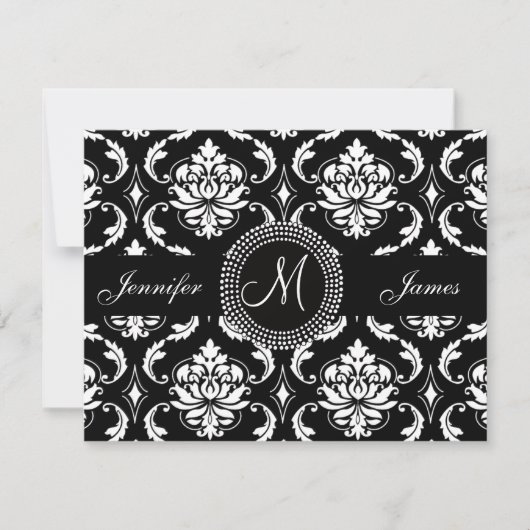 Carte RSVP Monogramme noir et blanc Damas (Devant)