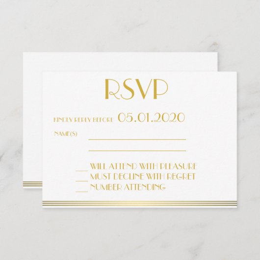 Carte RSVP Monogrammed Gold Great Gatsby Mariage (Devant / Derrière)