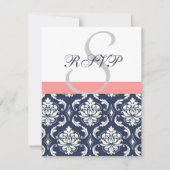 Carte RSVP Navy Blue Mariage damassé Corail (Devant)