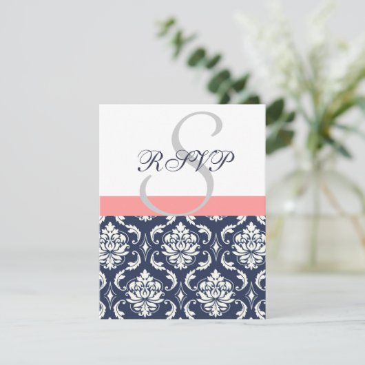 Carte RSVP Navy Blue Mariage damassé Corail (Debout devant)