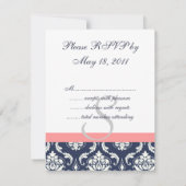 Carte RSVP Navy Blue Mariage damassé Corail (Dos)