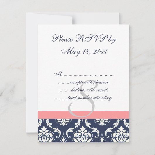 Carte RSVP Navy Blue Mariage damassé Corail (Dos)