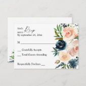 Carte RSVP Navy & Dusty Blue & Pink Floral no Meal (Devant / Derrière)