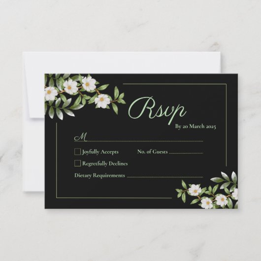 Carte RSVP Noir avec Camellia Blanc Mariage (Devant)