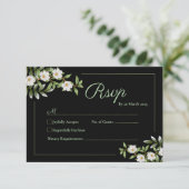 Carte RSVP Noir avec Camellia Blanc Mariage (Debout devant)