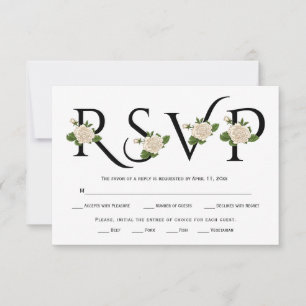 Carte RSVP noir, blanc et rose blanche