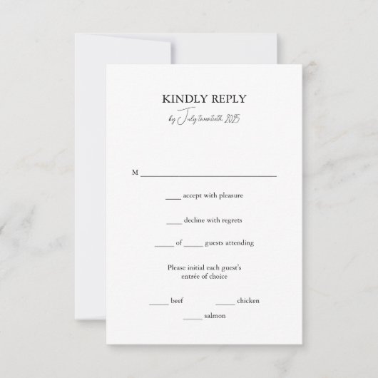 Carte RSVP Noir Blanc Mariage avec options de repa (Devant)
