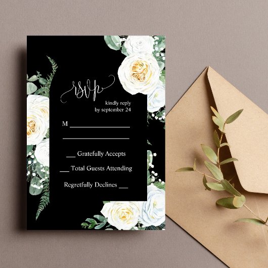 Carte RSVP Noir Elégant Roses Blanches Mariage