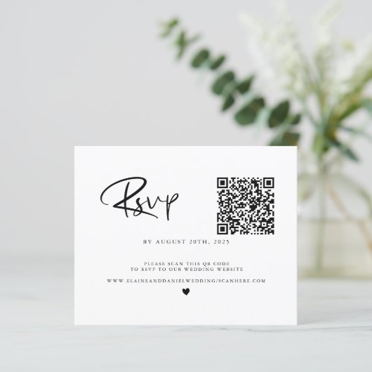 Carte RSVP noir et blanc pour code QR budget (Debout devant)